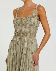 Green Embellished Mesh Sleeveless Scoop Neck Midi Dress