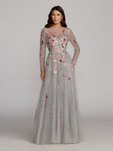 Gray Embroidered Illusion High Neck Long Sleeve A Line Gown
