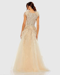 Beige Embellished Feathered Sleeveless A Line Gown