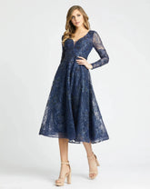 Navy Embellished Plunge Neck Long Sleeve Midi Dress
