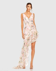 Floral Print Asymmetrical Ruffle Hem Dress