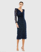 Navy Velvet Embellished V Neck Long Sleeve Sheath Dress