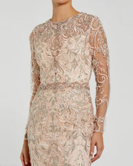 Pink Embroidered Illusion Long Sleeve Trumpet Gown