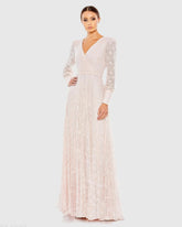 Pink Beaded Lace Long Sleeve Wrap Over Gown - FINAL SALE