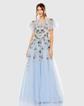 Embellished Multi Color Flutter Sleeve A-Line Dress