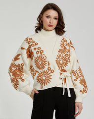 White Cropped Knit Cardigan With Floral Details