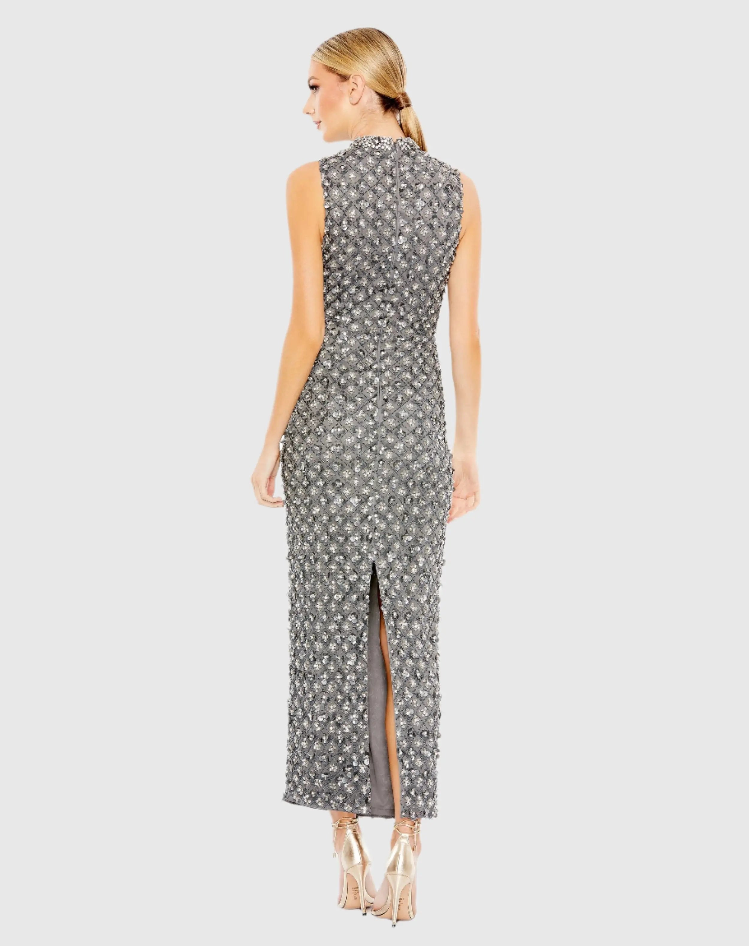 Gray Embellished High Neck Sleeveless Sheath Dress - FINAL SALE