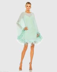Green Trapeze Feather Trim Mini Dress