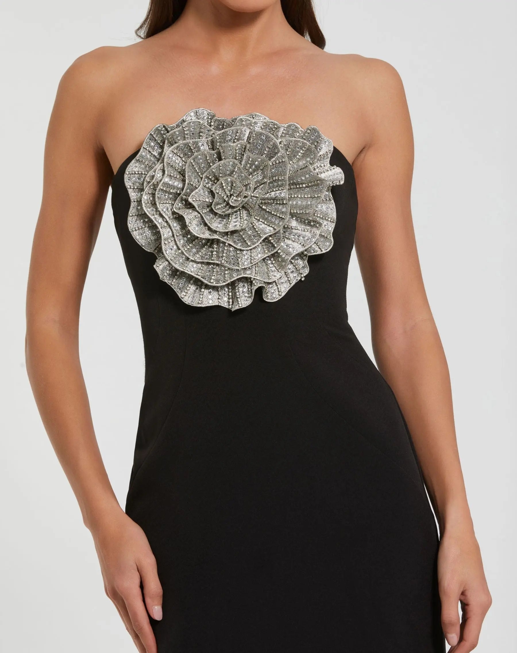Black Strapless Crepe Trumpet Gown with 3D Rhinestone Flower