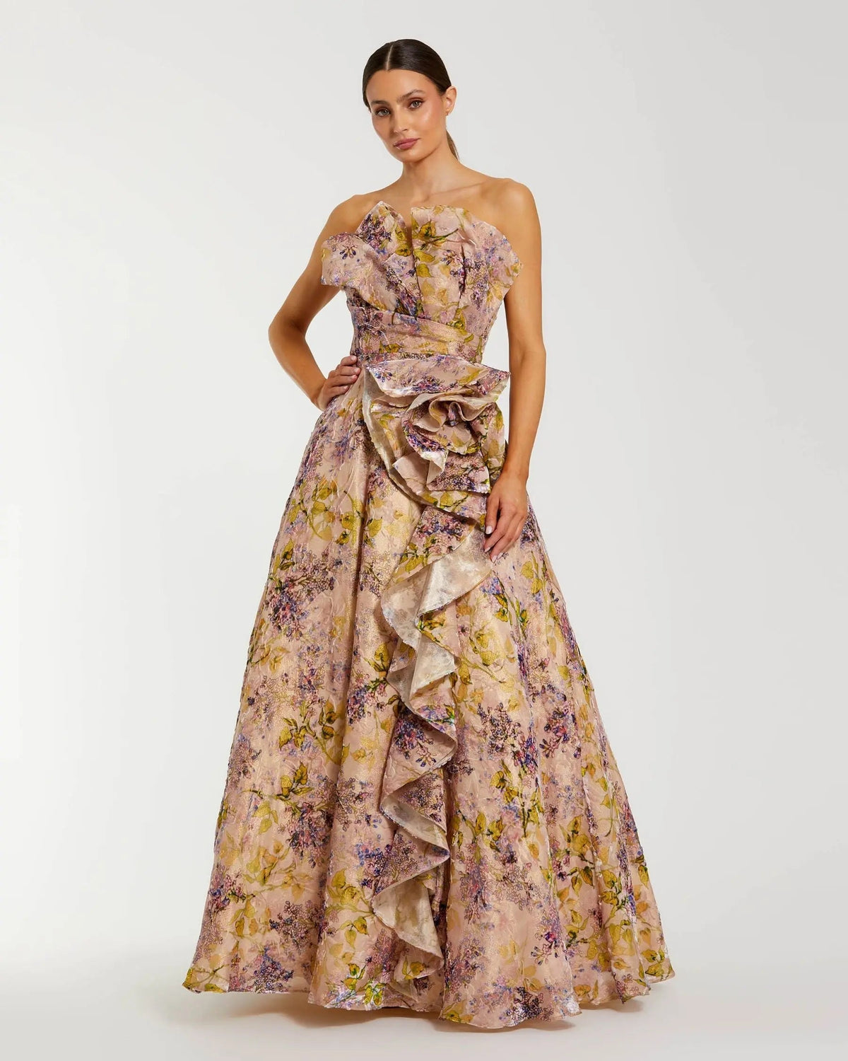 Pink Strapless Velvet Floral Ball Gown with 3D Rosette
