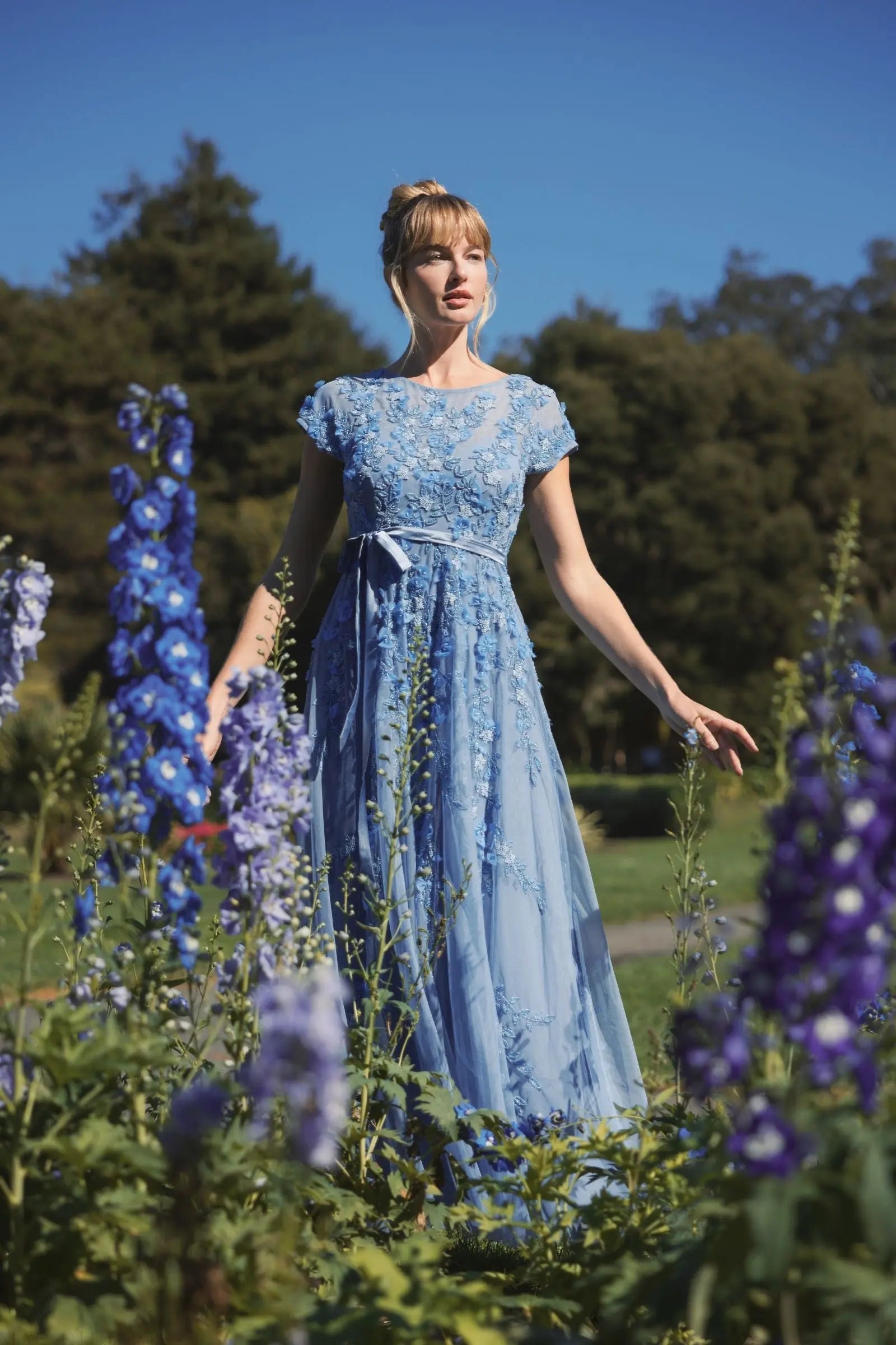 Blue Floral Embellished Cap Sleeve Gown