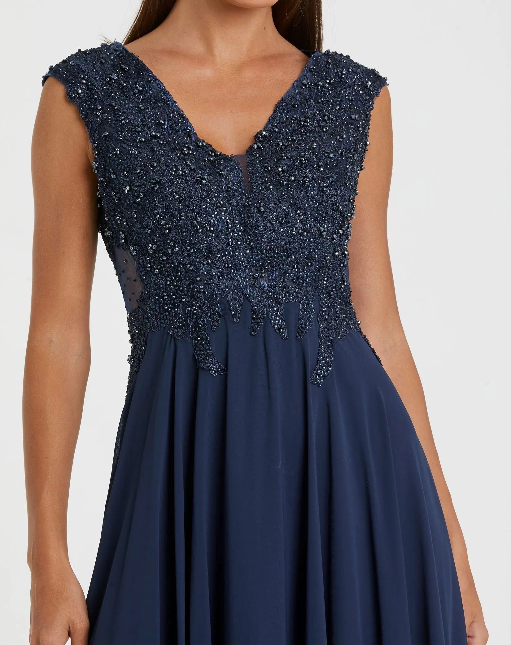 Navy Cap Sleeve Applique Bodice Flowy Gown