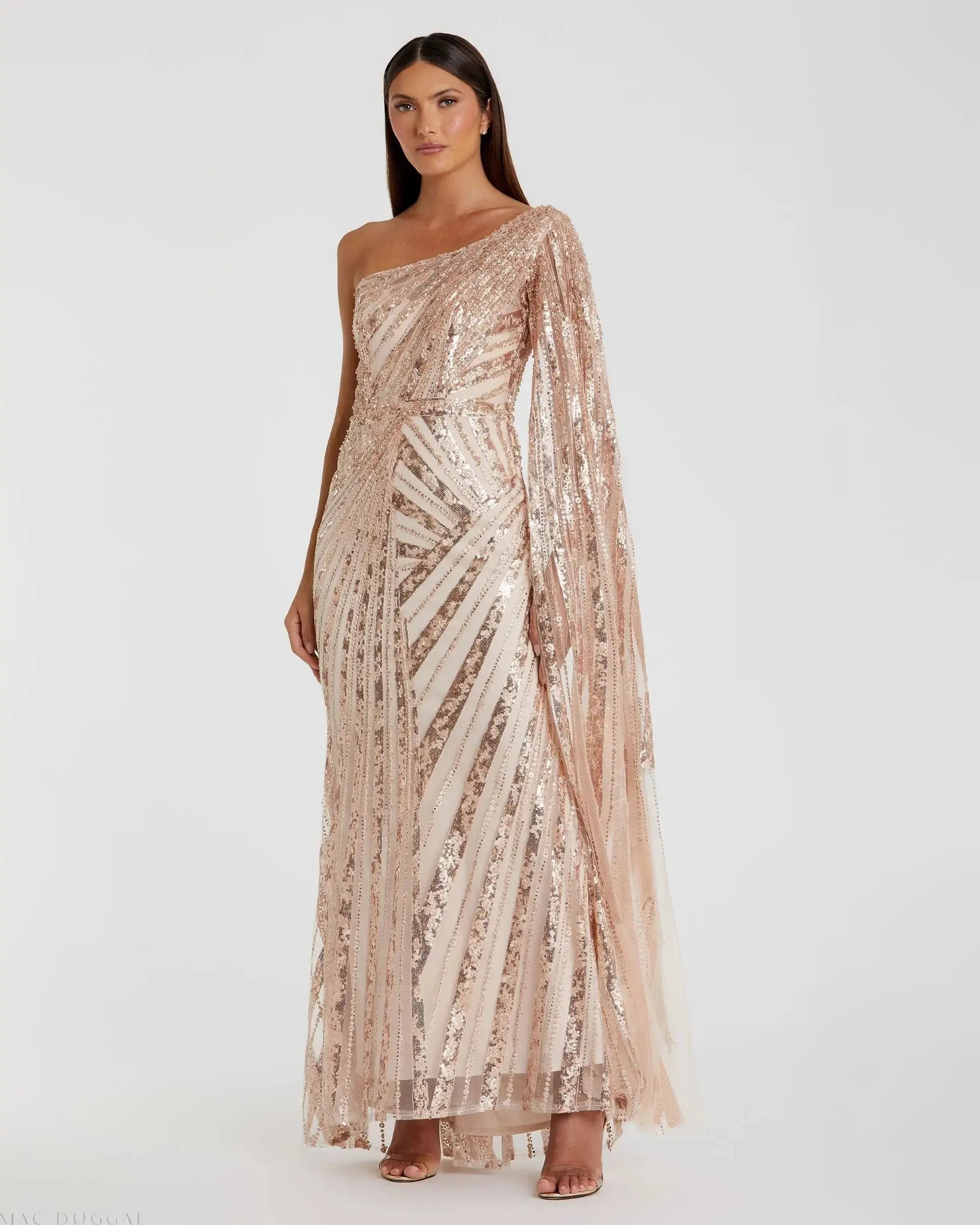 One Shoulder Cape Sleeve Embellished Gown