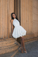 White Halter Neck Bubble Hem Satin Mini Dress