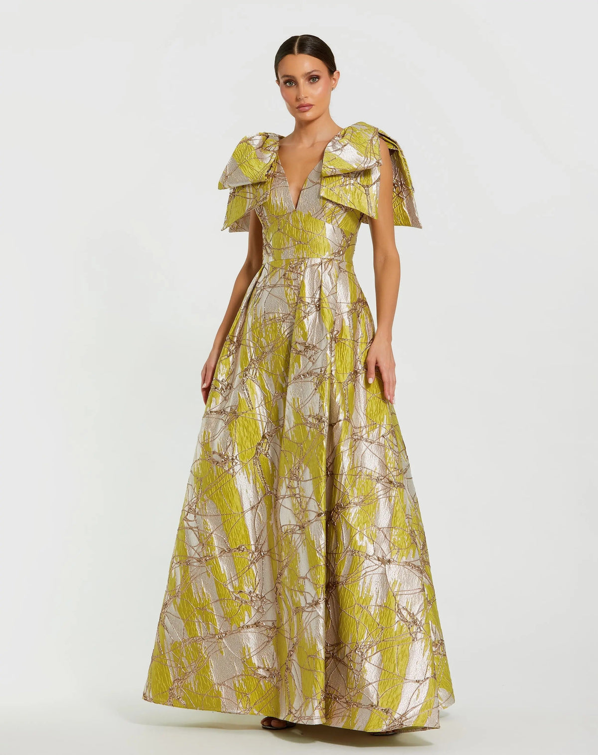 Green Layered Shoulder Bow Metallic A-Line Gown
