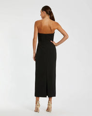 Black Strapless Crepe Dress With 3D Satin Flowers