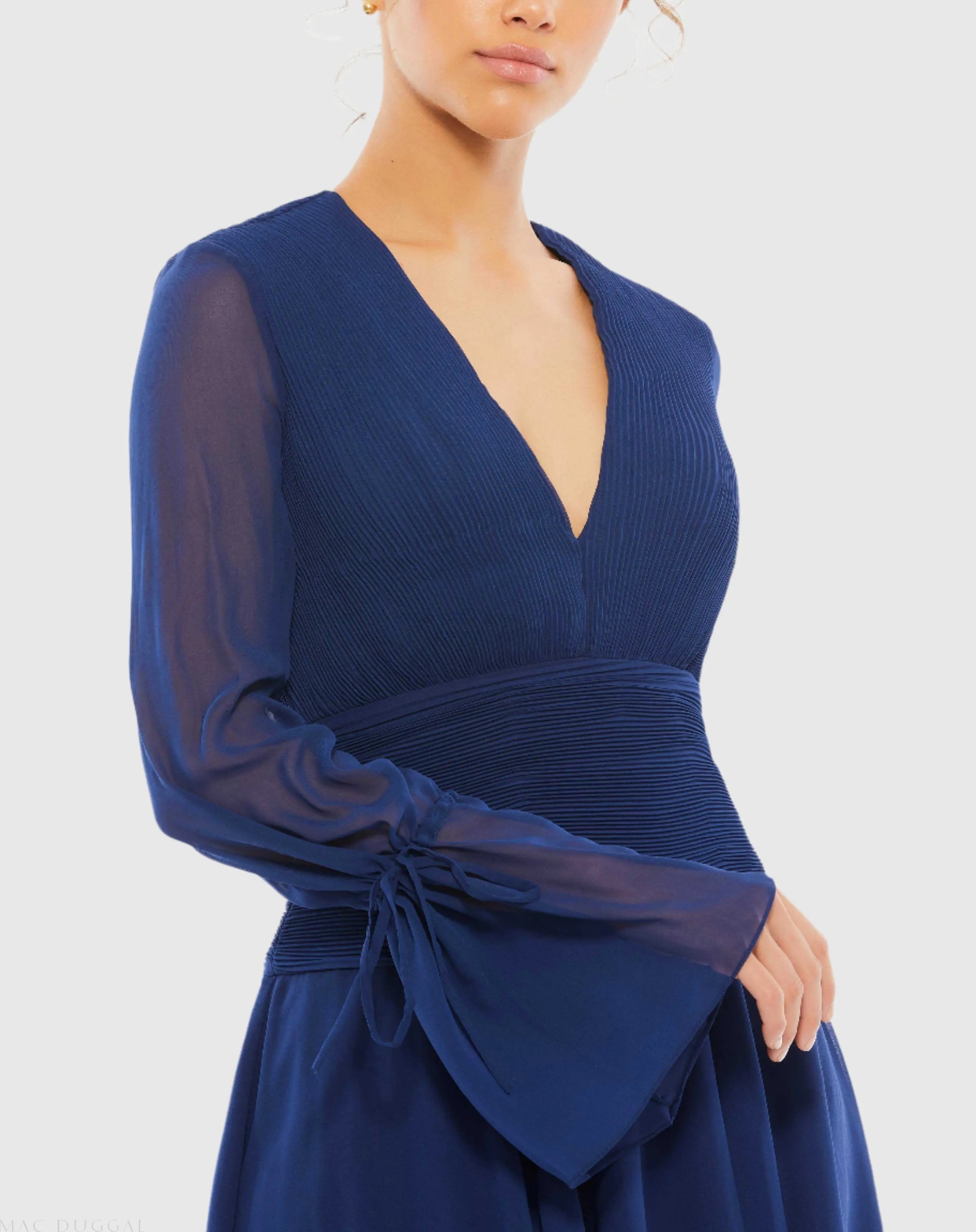 Navy Pleated Bell Sleeve Chiffon Mini Dress