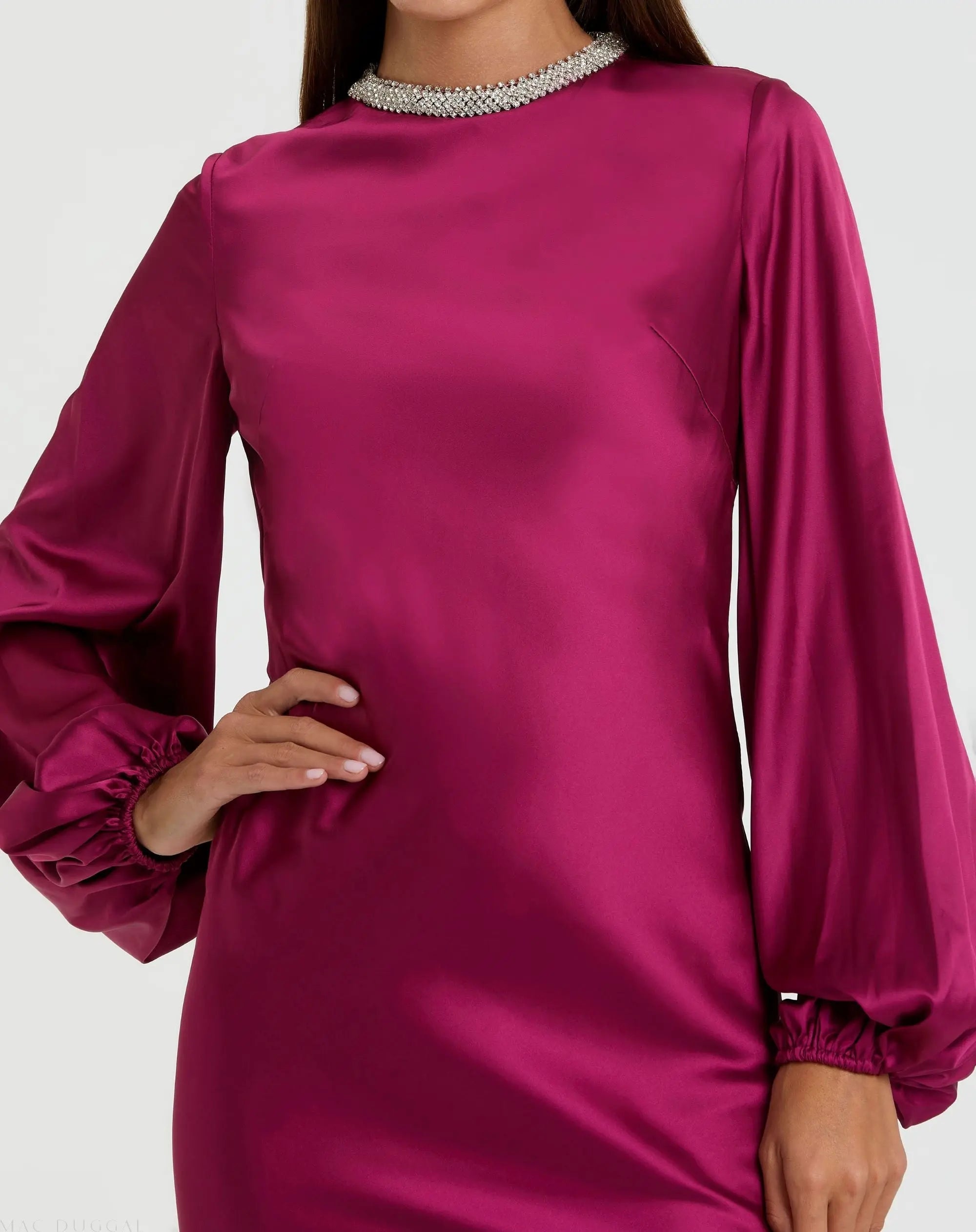 Purple Beaded High Neck Bishop Sleeve Satin Gown