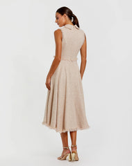 Pink Boucle Sleeveless Collared Button Up Midi Dress
