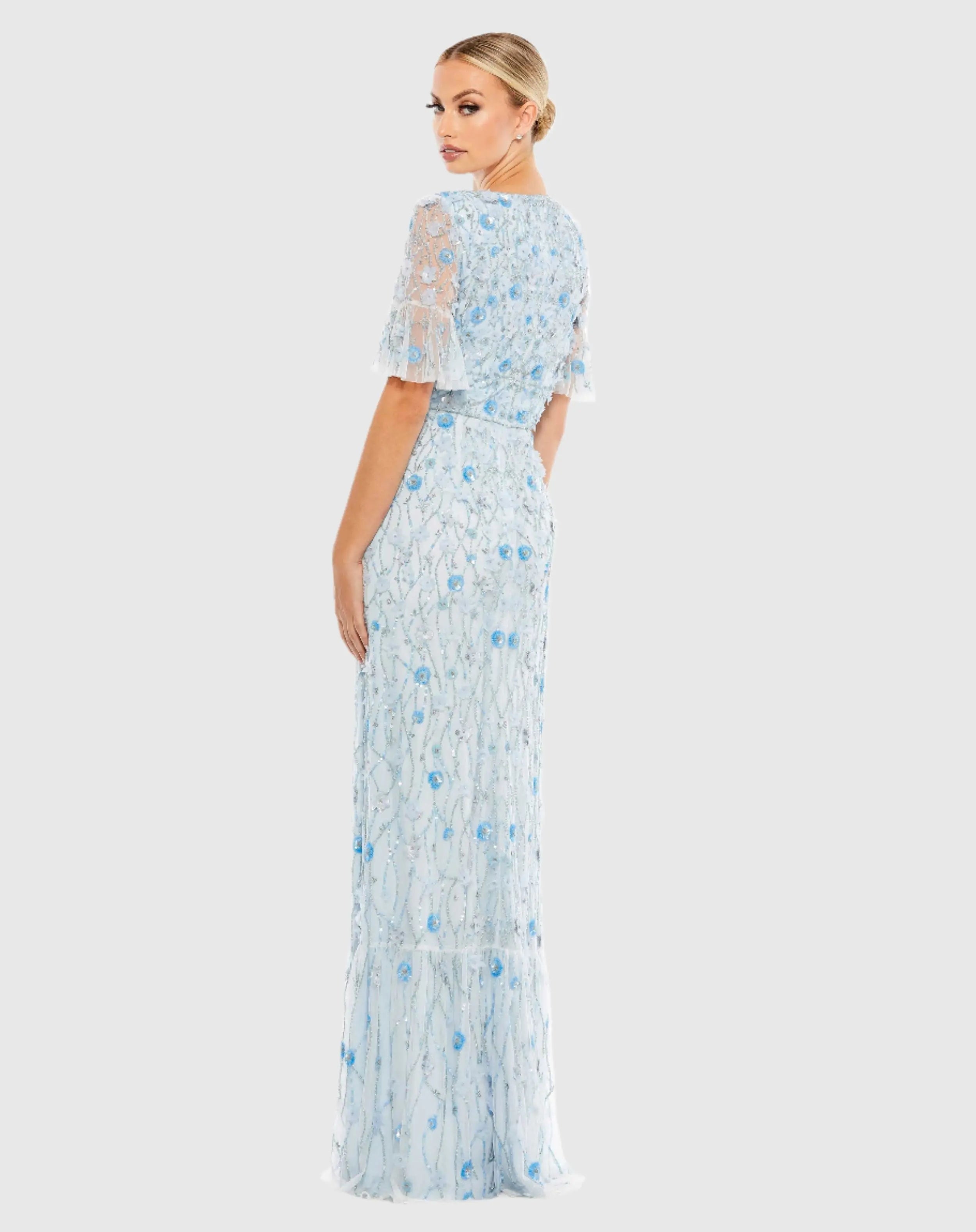Blue Embellished V-Neck Empire Waist Ruffle Hem Gown