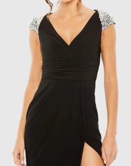 Black V Neck Embellished Cap Sleeve Faux Wrap Slit Gown