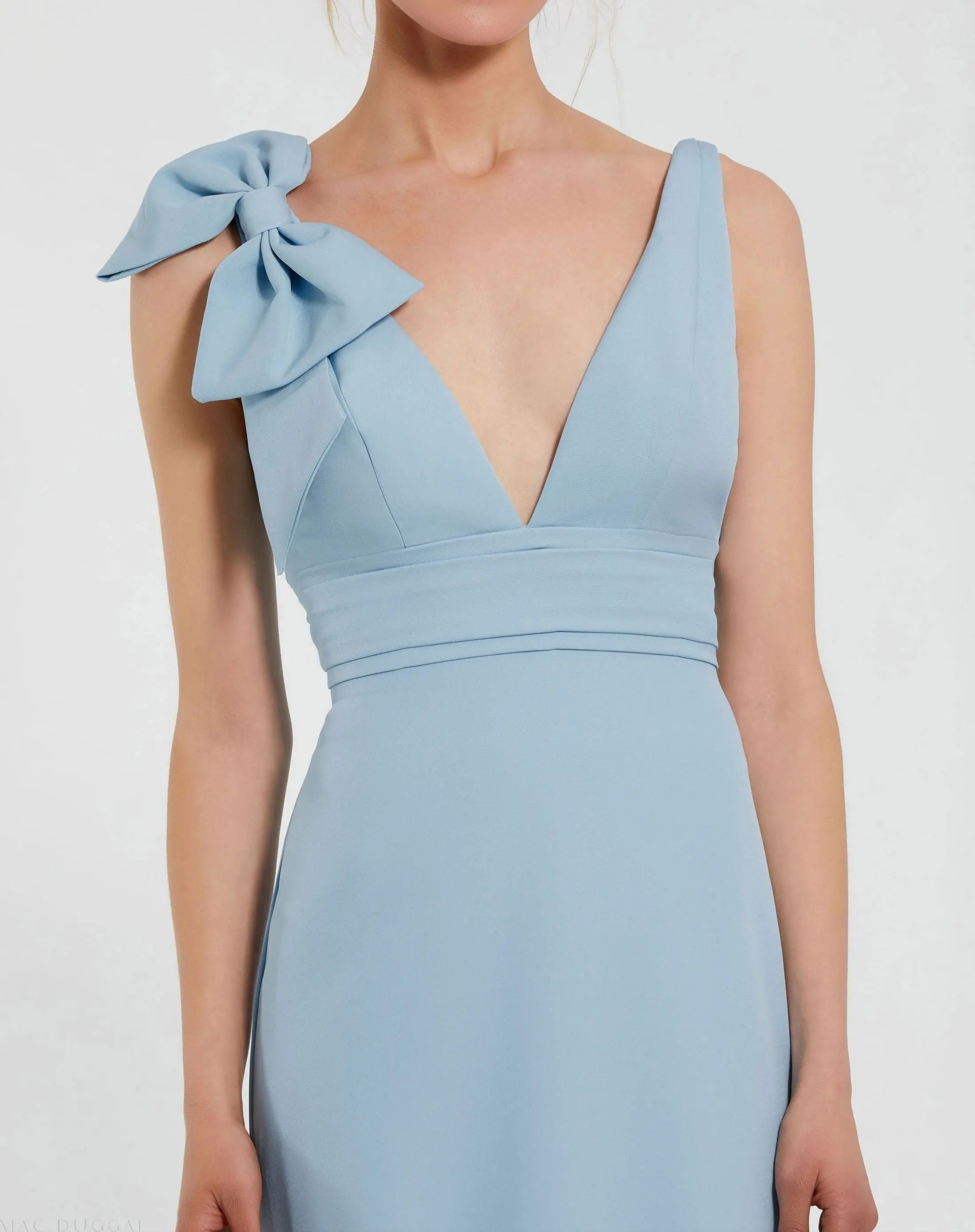 Blue Sleeveless V Neck Bow Detail Mermaid Gown