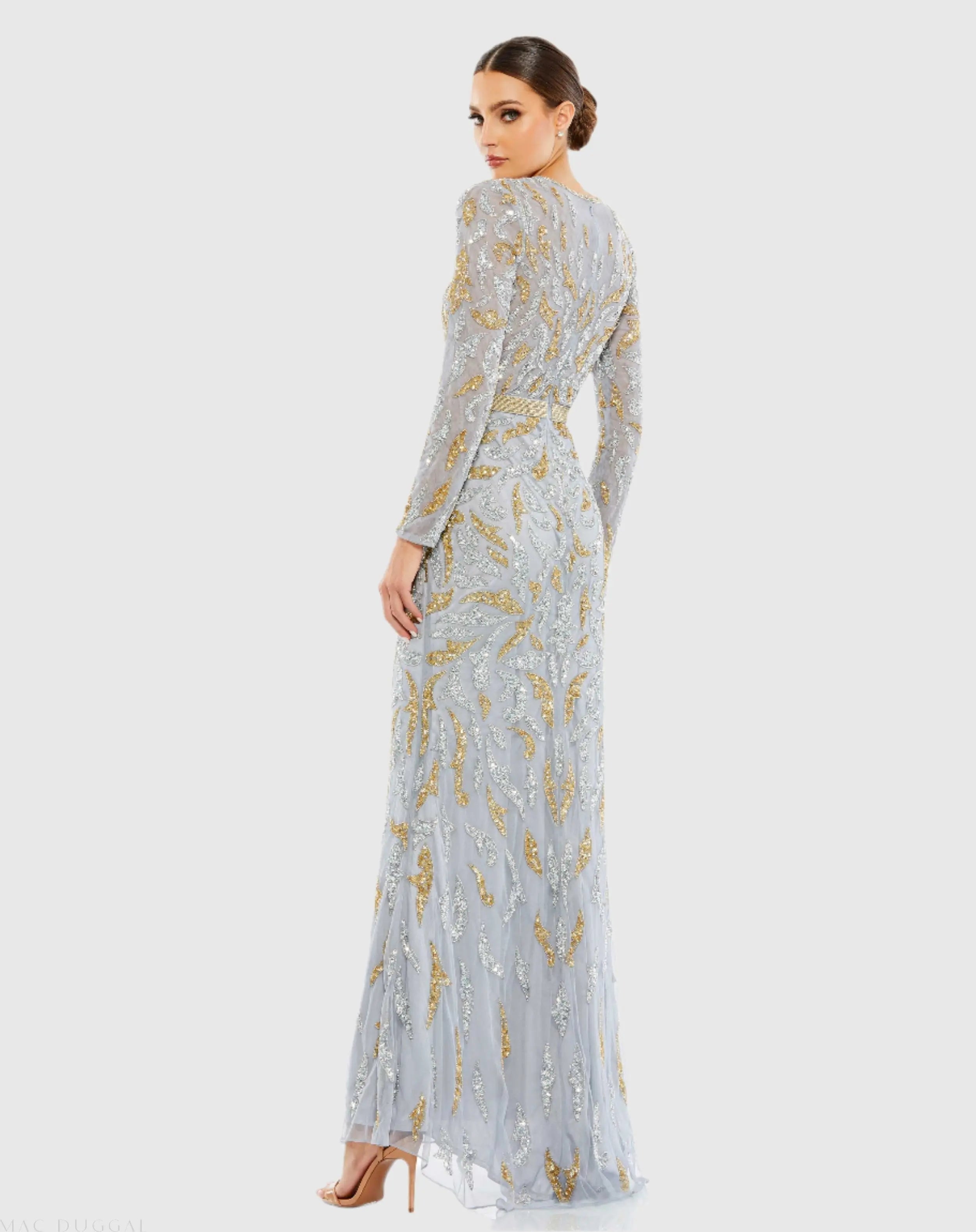 Gray Long Sleeve Beaded Evening Gown