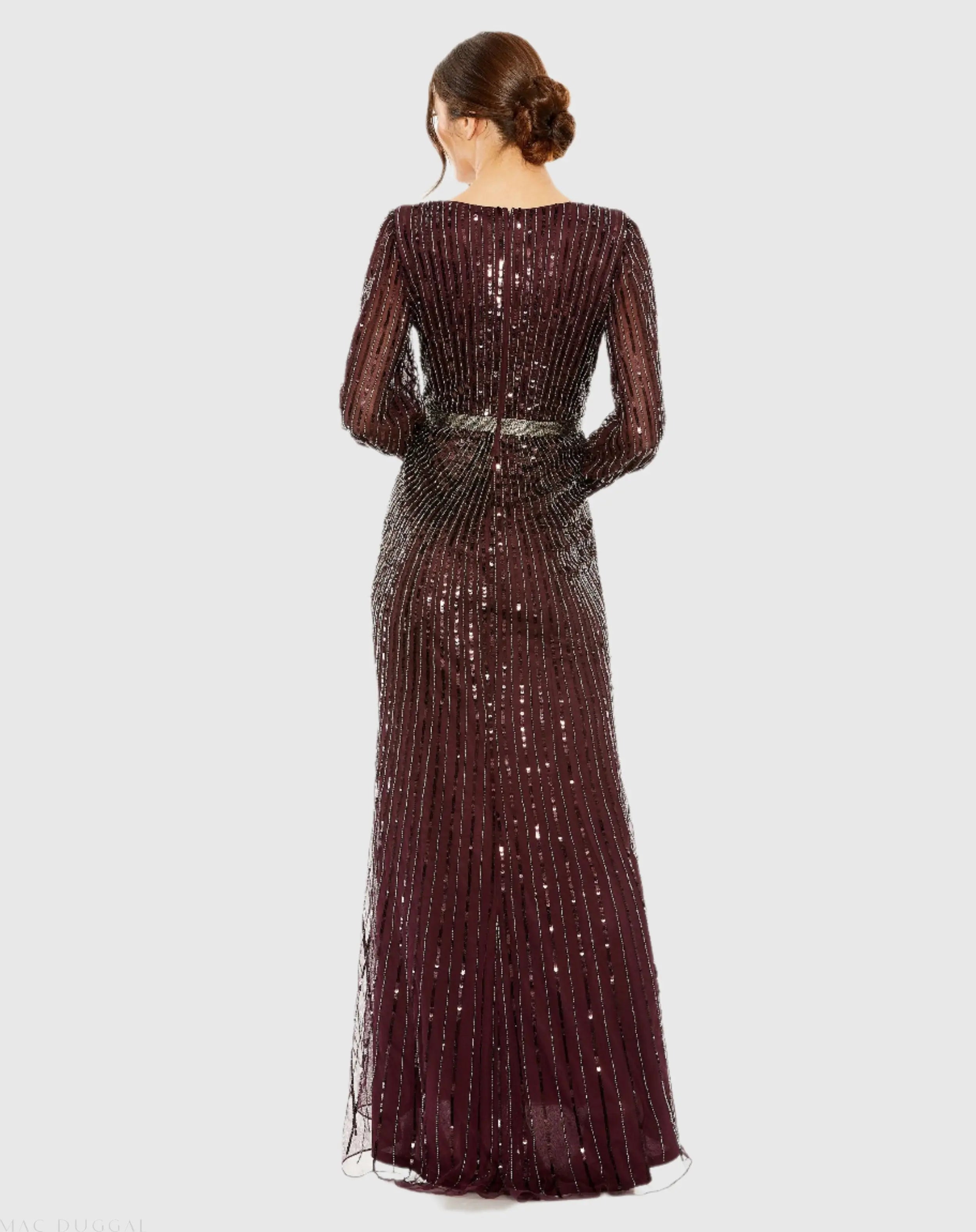 Red Sequined Wrap Over Bishop Sleeve Gown