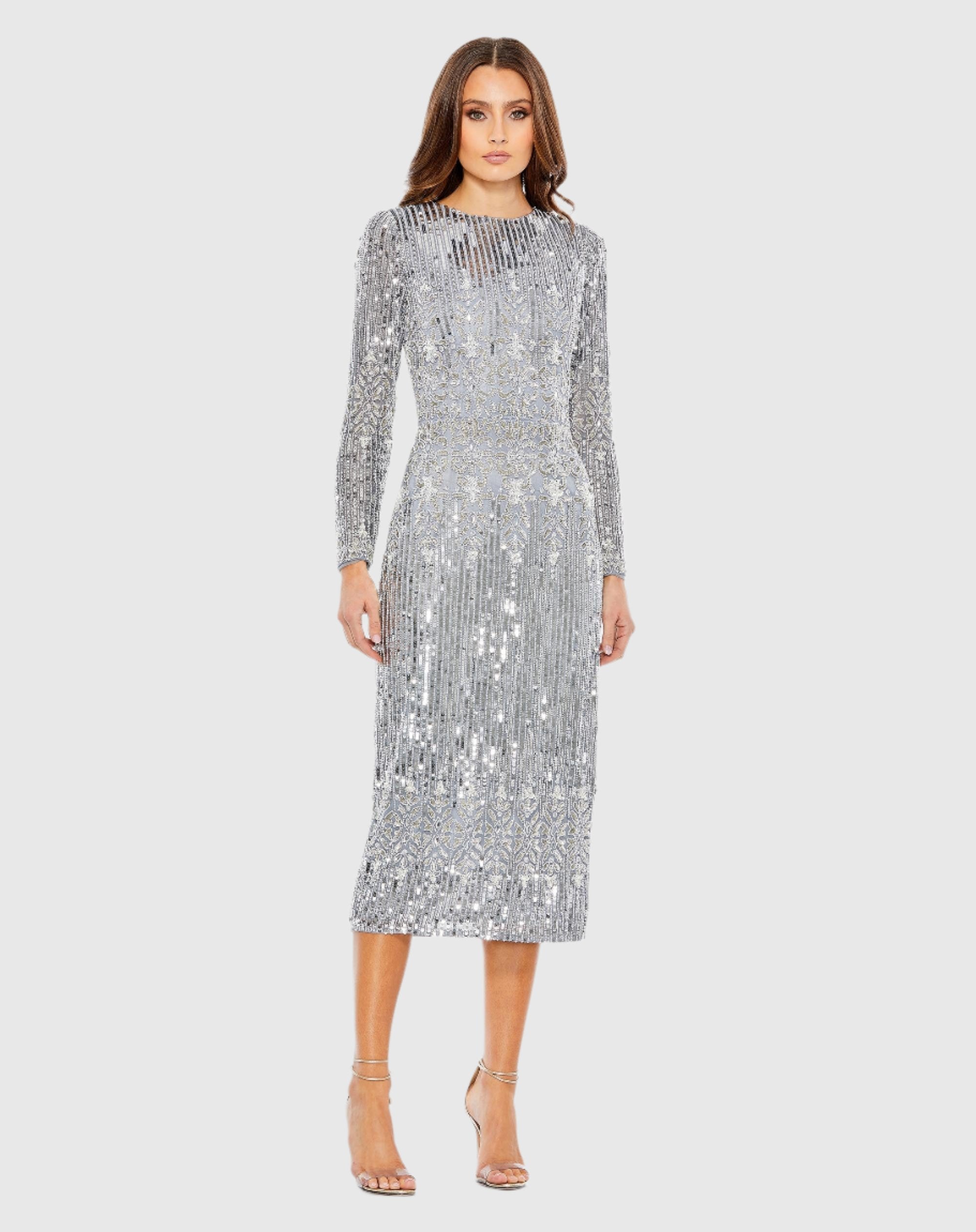 Embellished Long Sleeve High Neck Sheath Dress