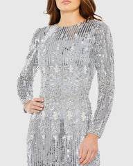 Blue Embellished Long Sleeve High Neck Sheath Dress