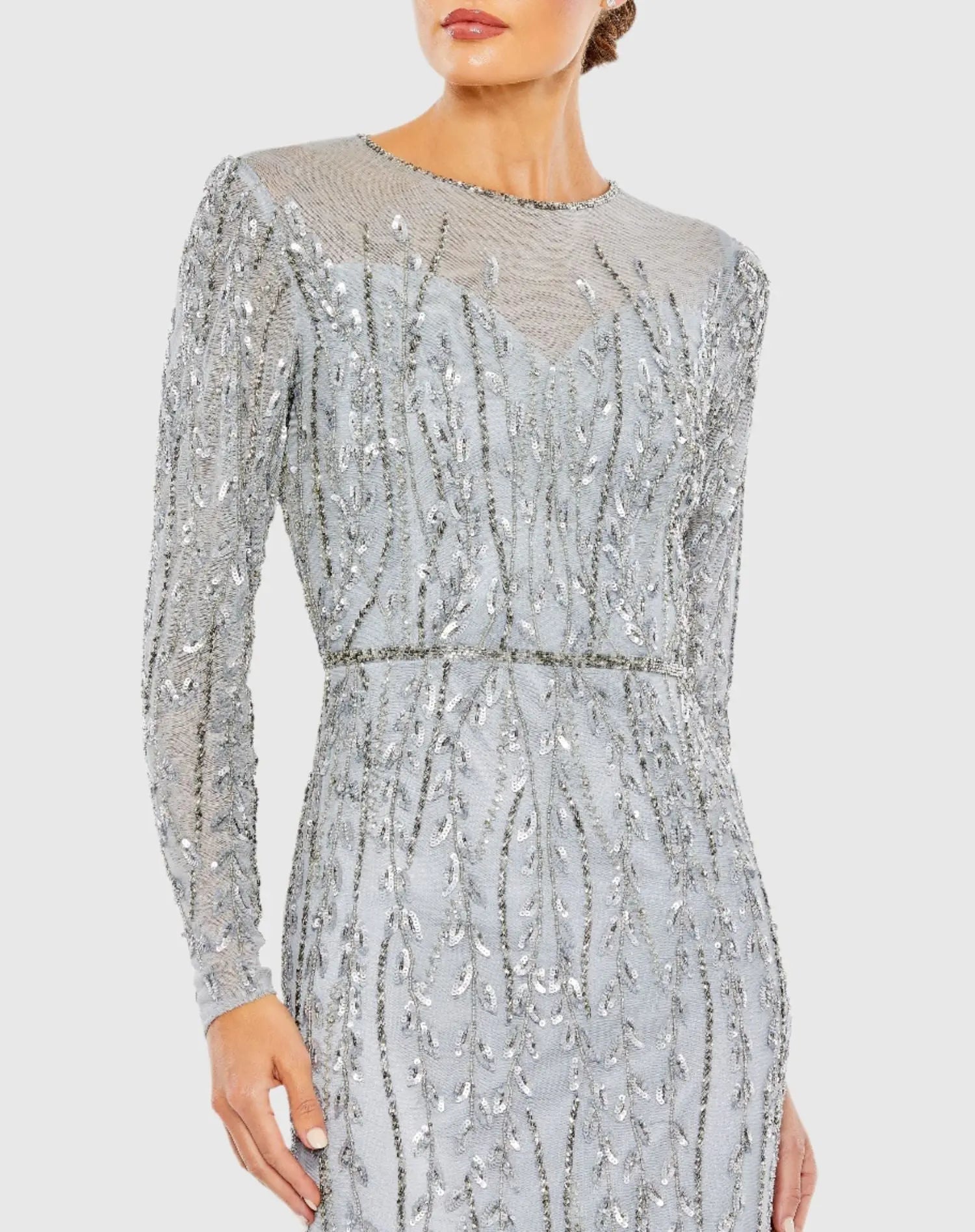 Blue Embellished Illusion High Neck Long Sleeve Gown