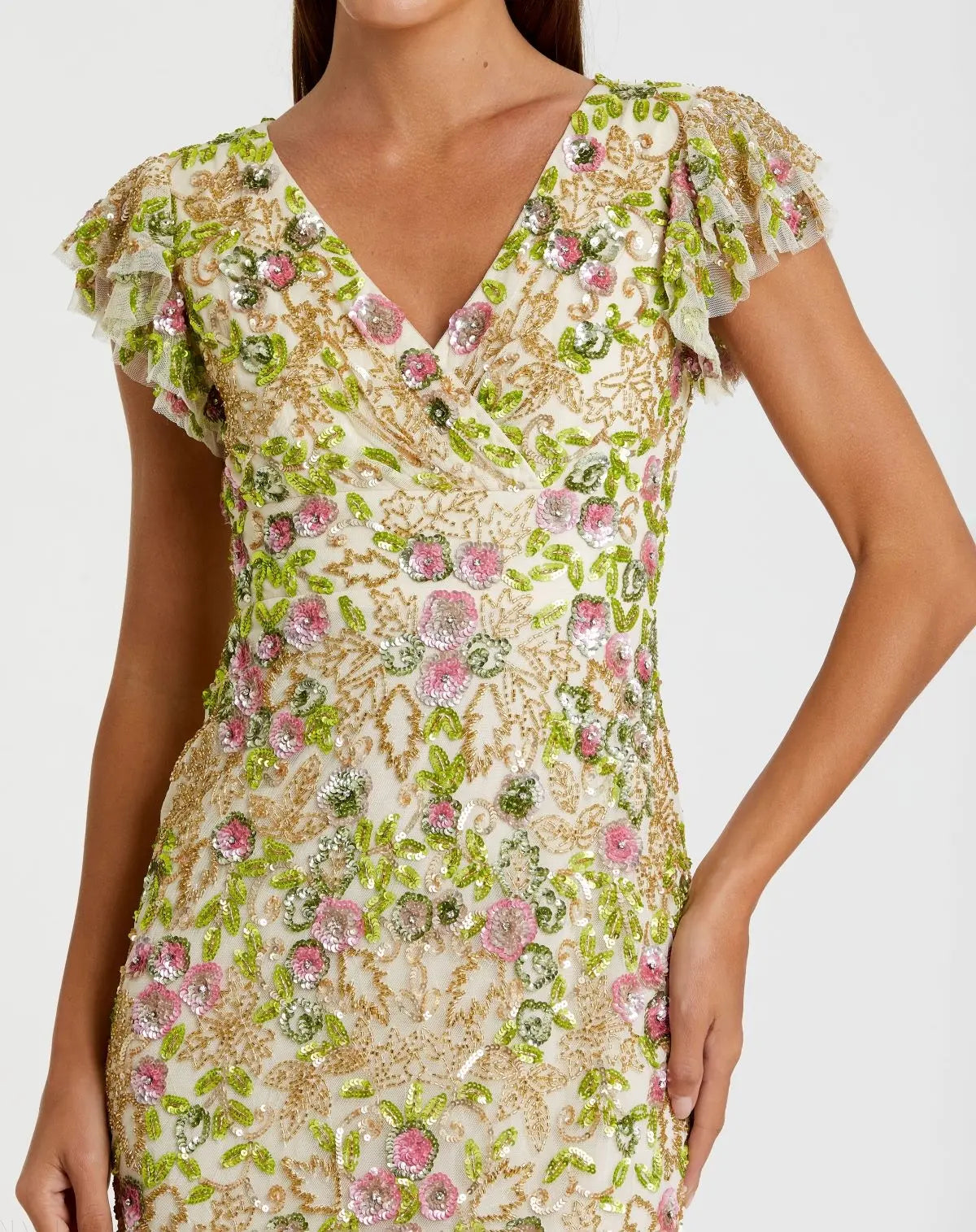Beige Floral Embellished Flutter Cap Sleeve Dress