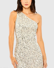 Silver One Shoulder Embellished Fringe Detail Dress