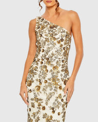 White and Gold Floral Beaded One Shoulder Gown