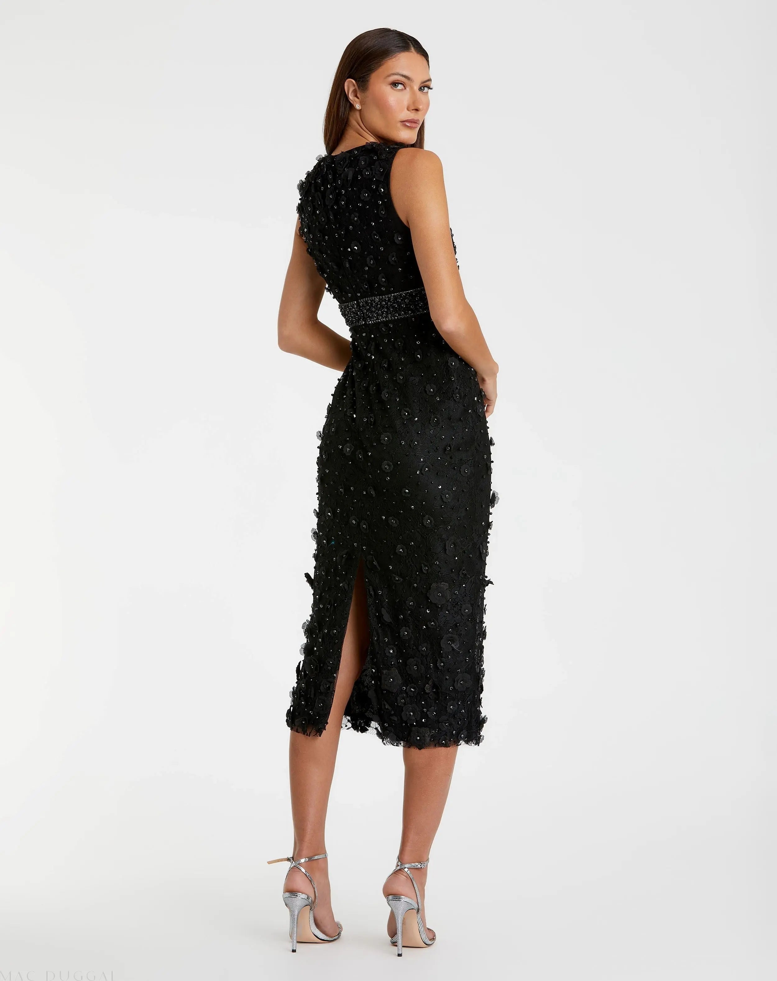 Black Floral Applique Sleeveless Midi Dress