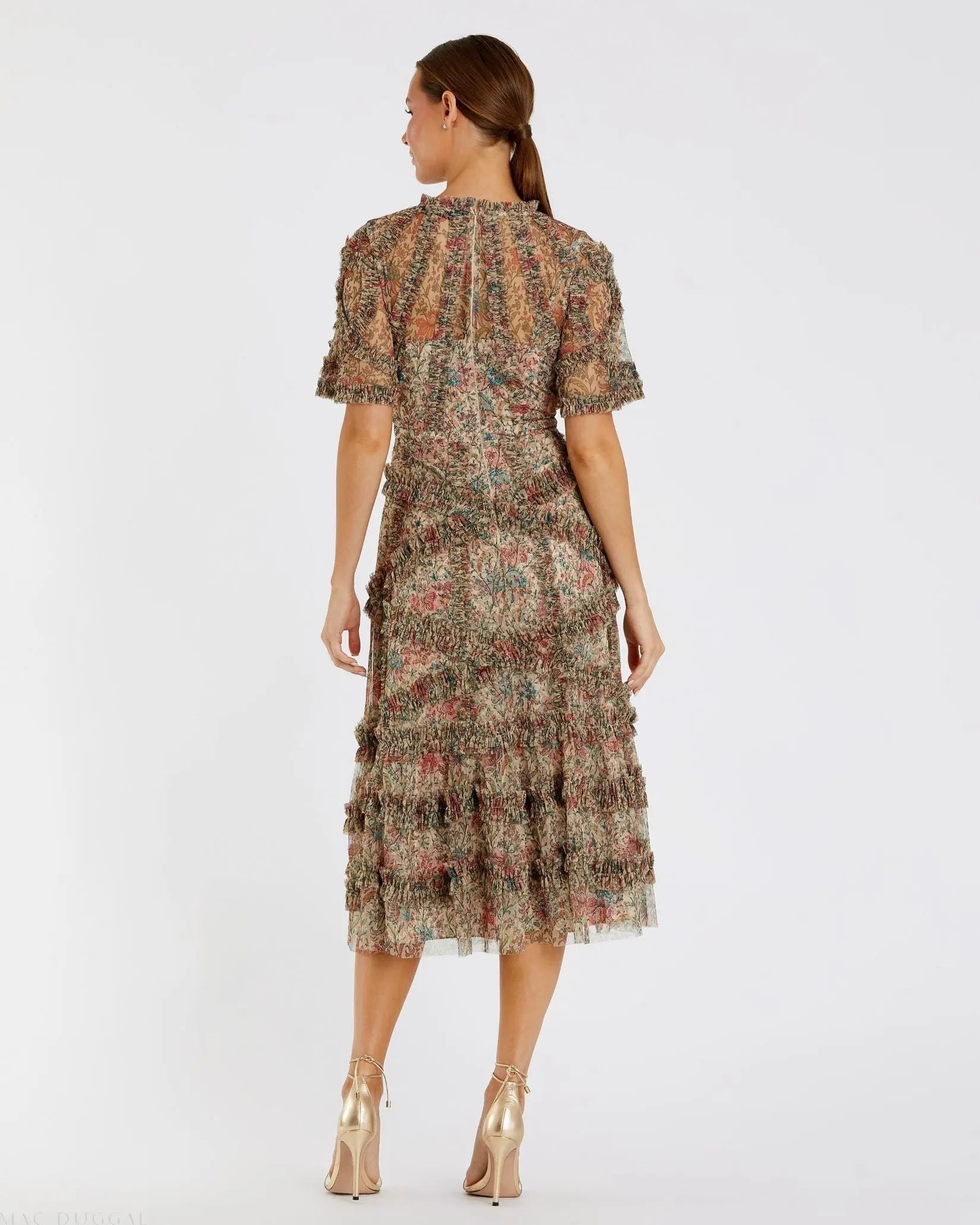 Beige Floral Midi Dress with Ruffle Detailing