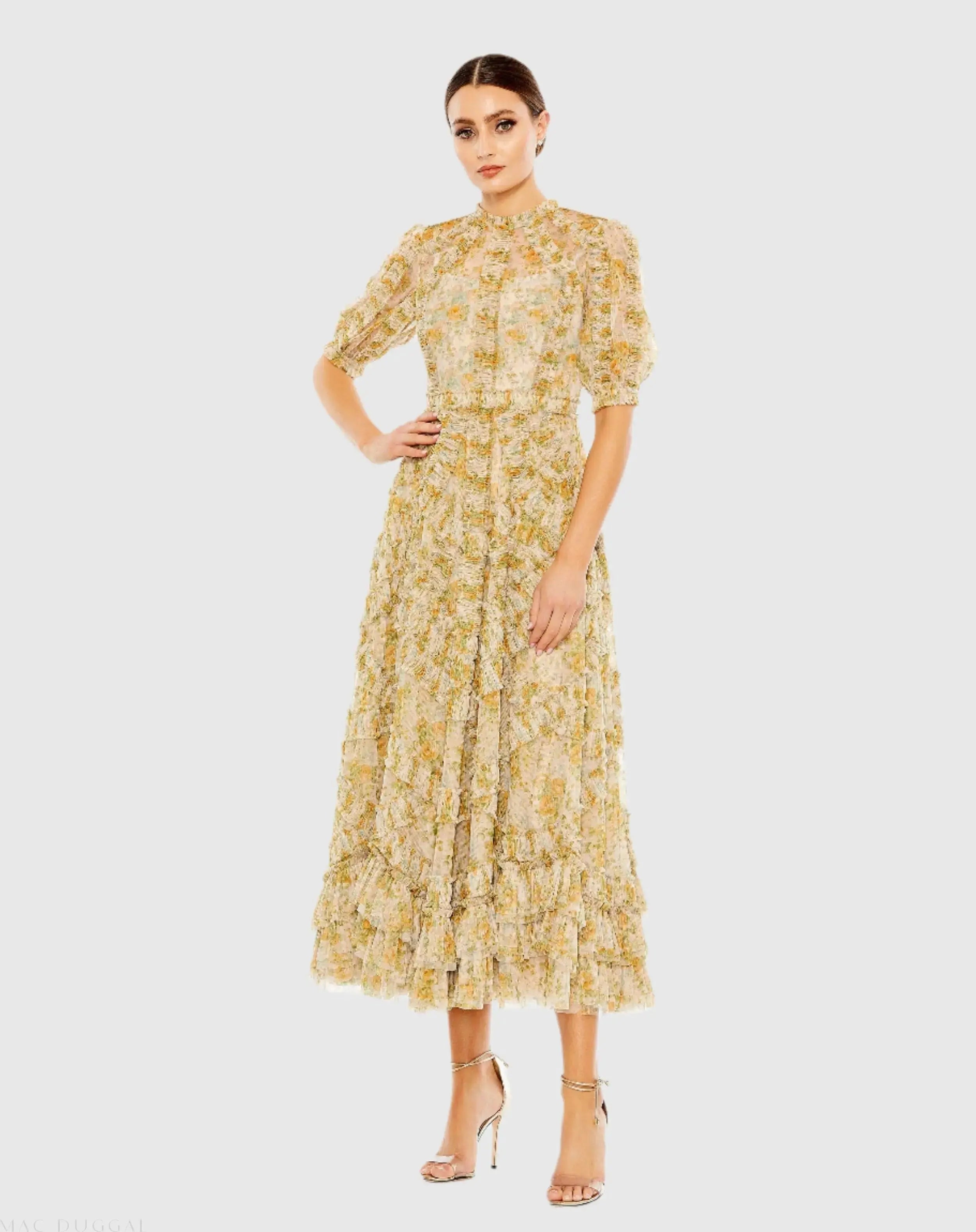 Multicolor Mesh Puff Sleeve Floral Print Dress