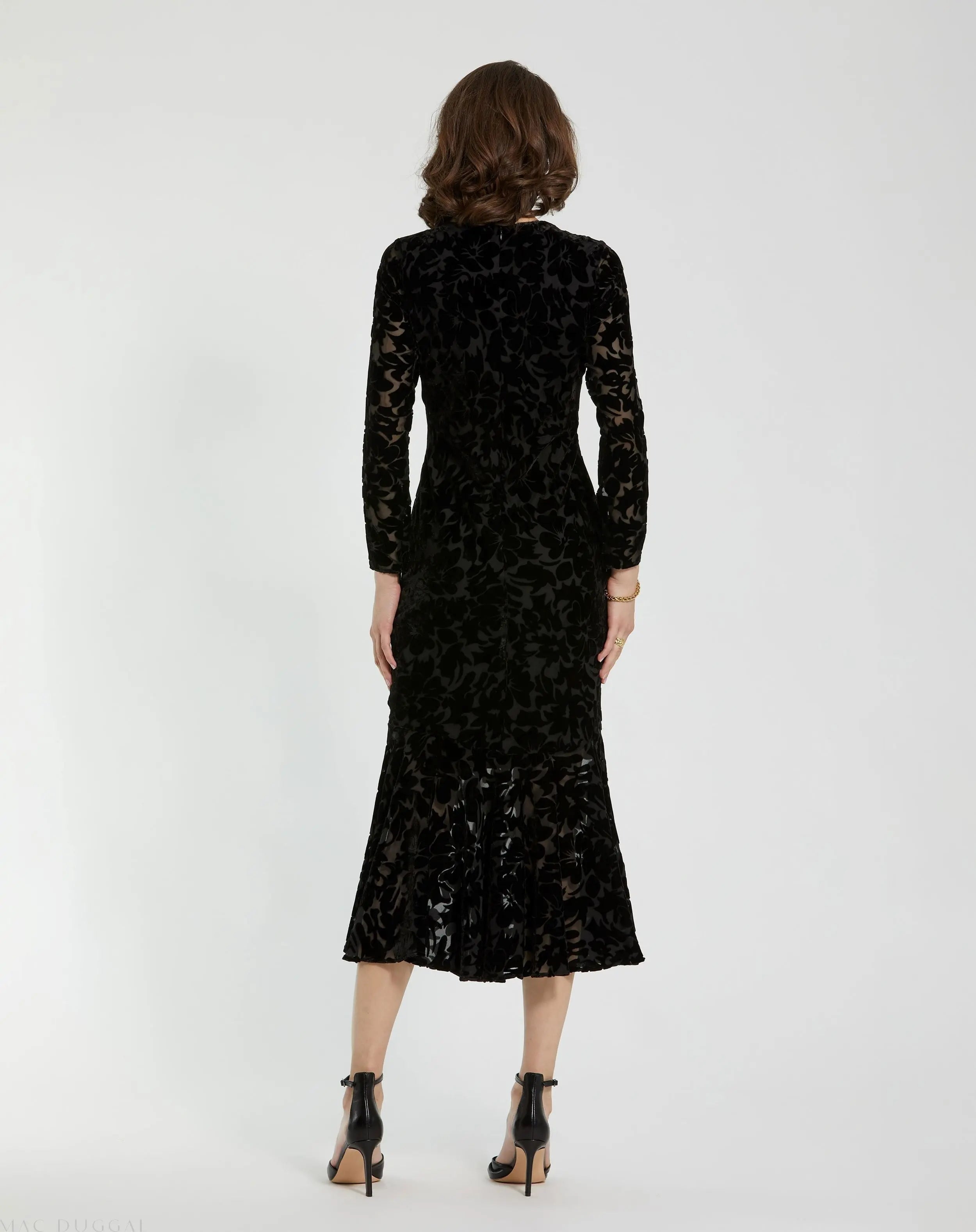 Black Burnout Velvet Long Sleeve Midi Dress