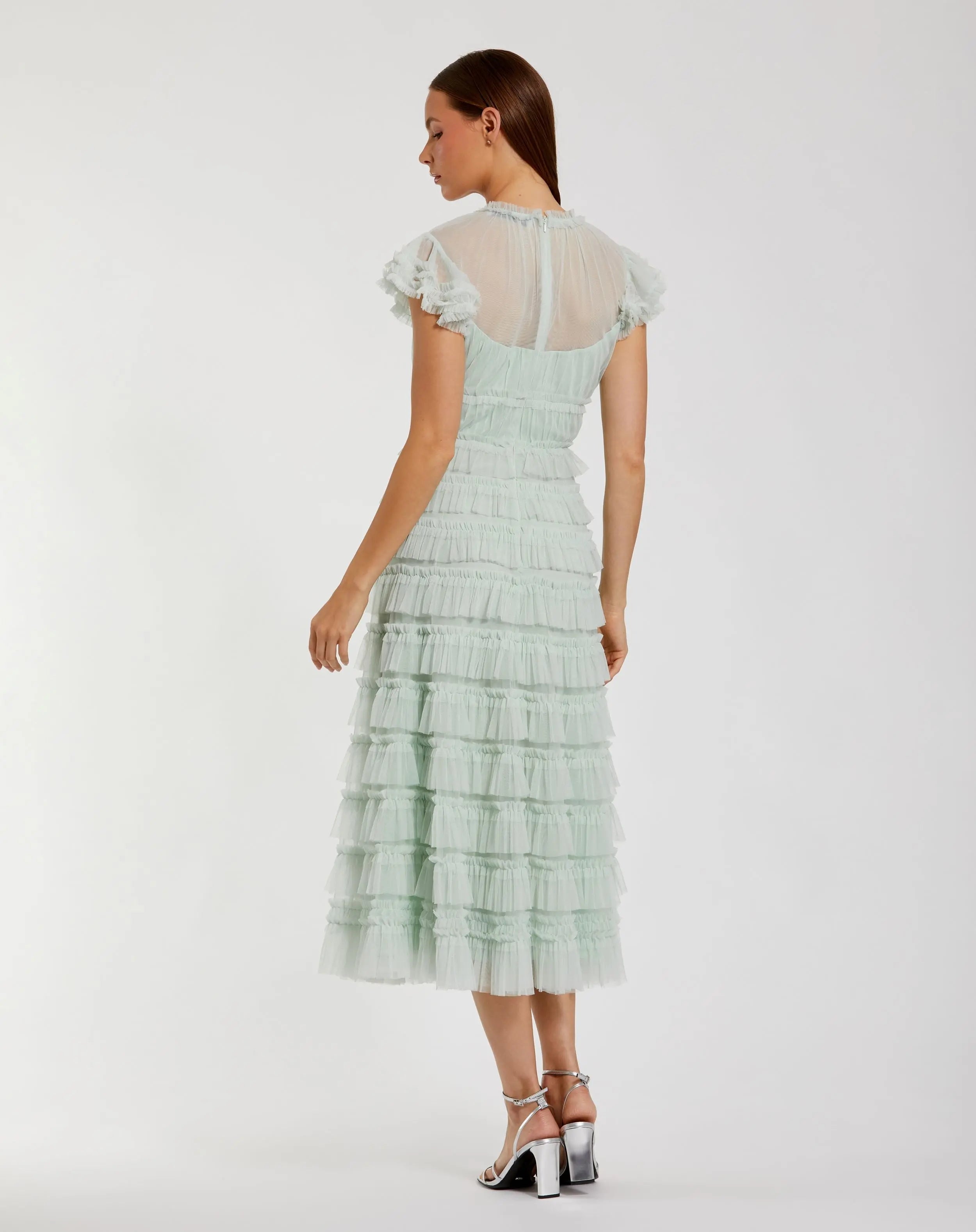 Green Ruffle High Neck Cap Sleeve Midi Dress