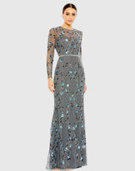 Gray Floral Embellished Long Sleeve Gown