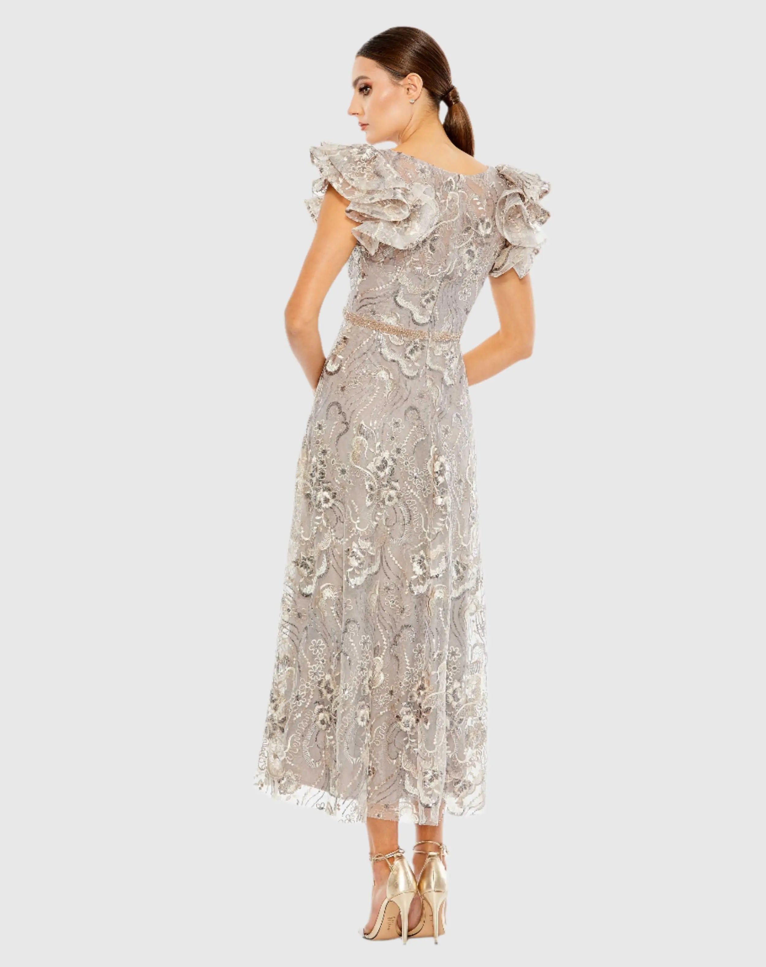 Embellished Ruffled Cap Sleeve A Line Dress