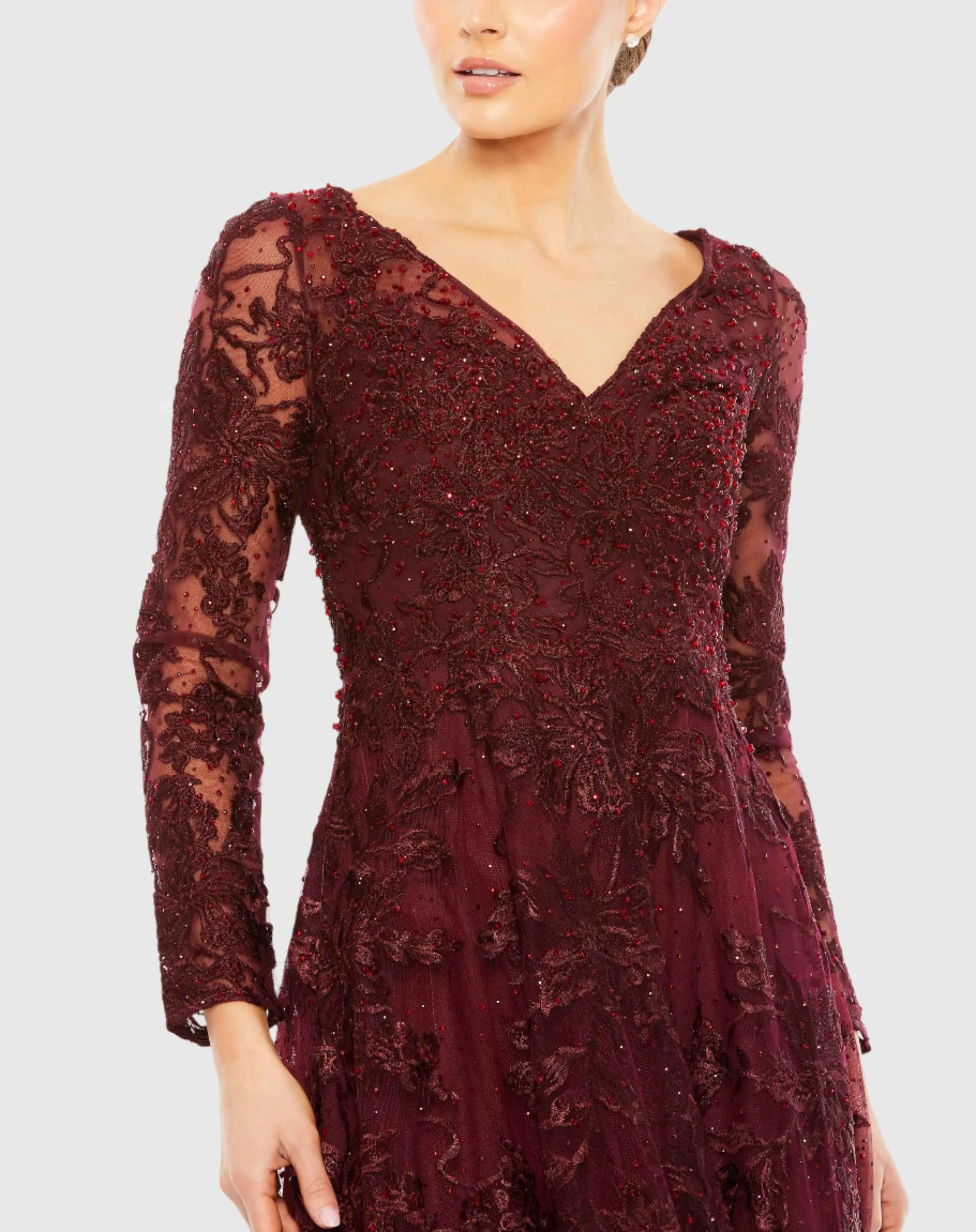 Red Embroidered Illusion Long Sleeve V Neck Gown