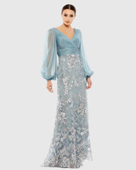 Blue Illusion Puff Sleeve Pleated Bodice Embellished Gown