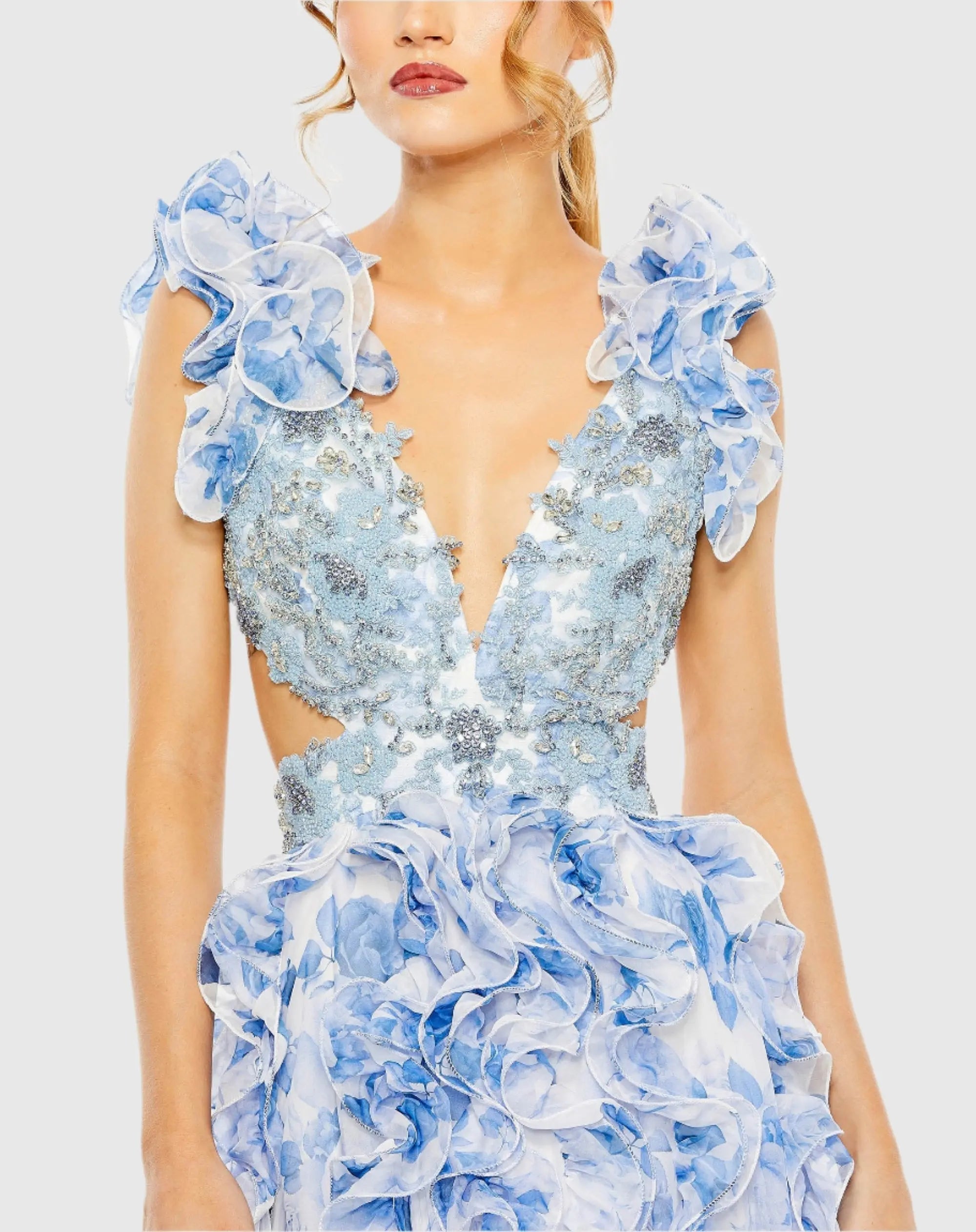 Blue Ruffle Tiered Cap Sleeve Cut Out Open Back Gown